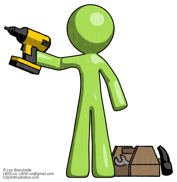 Green Design Mascot Man Holding Drill Ready To Work, Toolchest And Tools To Right #9915