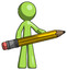 Green Design Mascot Man writer or blogger holding large pencil