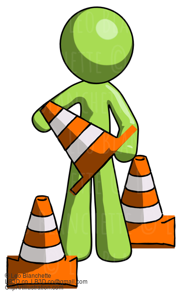 Green Design Mascot Man Holding A Traffic Cone #9938