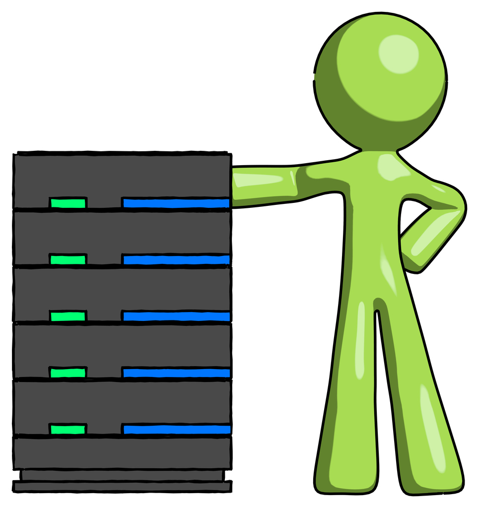 Green Design Mascot Man With Server Rack Leaning Confidently Against It
