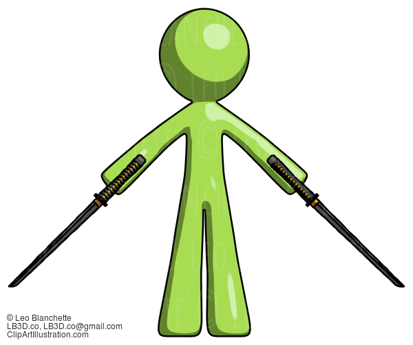 Green Design Mascot Man Posing With Two Ninja Sword Katanas #9947