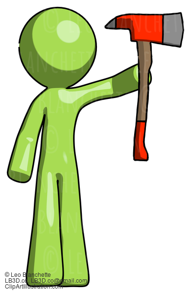 Green Design Mascot Man Holding Up Red Firefighter’S Ax #9948