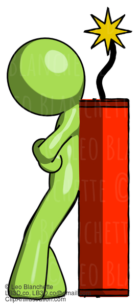 Green Design Mascot Man Leaning Against Dynimate, Large Stick Ready To Blow #9950