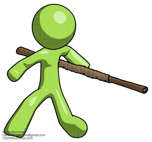 Green Design Mascot Man Bo Staff Action Hero Kung Fu Pose #9956