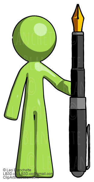 Green Design Mascot Man Holding Giant Calligraphy Pen #9957