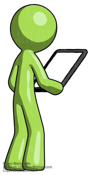 Green Design Mascot Man Looking At Tablet Device Computer Facing Away #9958