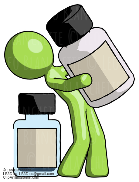 Green Design Mascot Man Holding Large White Medicine Bottle With Bottle In Background #9962