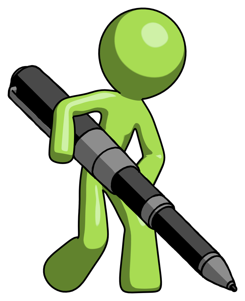 Green Design Mascot Man Writing with a really big pen