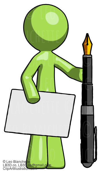 Green Design Mascot Man Holding Large Envelope And Calligraphy Pen #9964