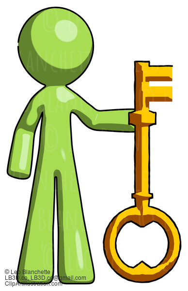 Green Design Mascot Man Holding Key Made Of Gold #9965