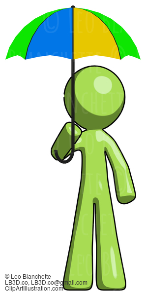 Green Design Mascot Man Holding Umbrella Rainbow Colored #9966