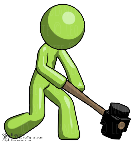 Green Design Mascot Man Hitting With Sledgehammer, Or Smashing Something At Angle #9980