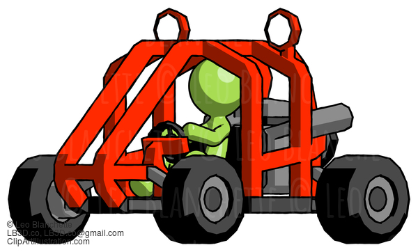 Green Design Mascot Man Riding Sports Buggy Side Angle View #9983