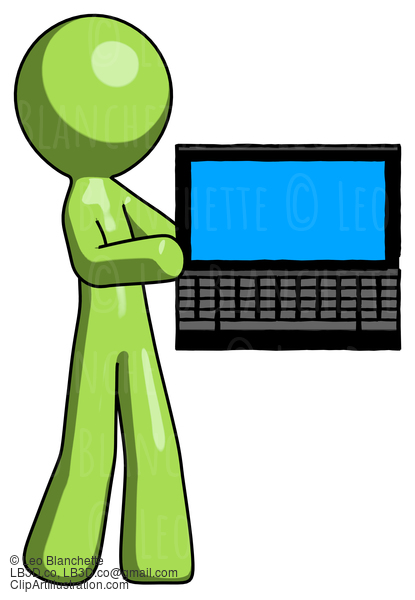 Green Design Mascot Man Holding Laptop Computer Presenting Something On Screen #9985