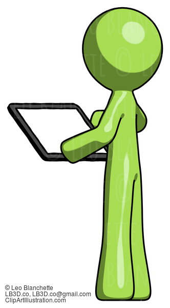 Green Design Mascot Man Looking At Tablet Device Computer With Back To Viewer #9990