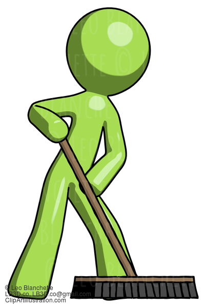 Green Design Mascot Man Cleaning Services Janitor Sweeping Floor With Push Broom #9991