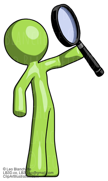 Green Design Mascot Man Inspecting With Large Magnifying Glass Facing Up #9993