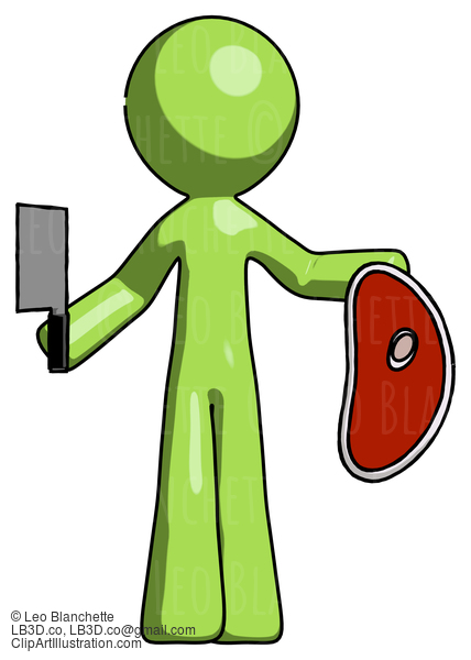 Green Design Mascot Man Holding Large Steak With Butcher Knife #9995