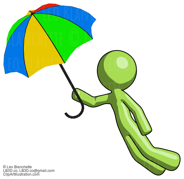 Green Design Mascot Man Flying With Rainbow Colored Umbrella #9996