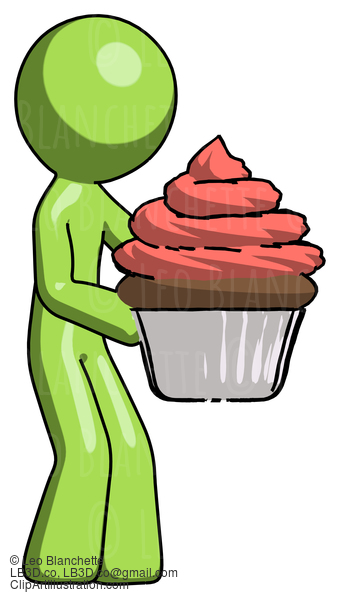 Green Design Mascot Man Holding Large Cupcake Ready To Eat Or Serve #9997