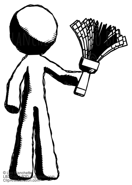 Ink Design Mascot Man Holding Feather Duster Facing Forward #8601