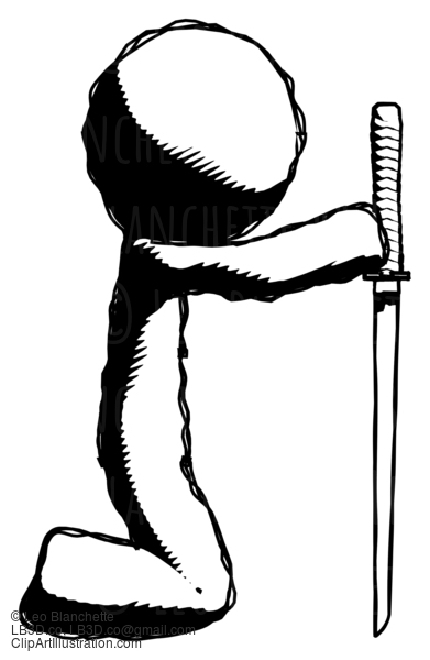 Ink Design Mascot Man Kneeling With Ninja Sword Katana Showing Respect #8654