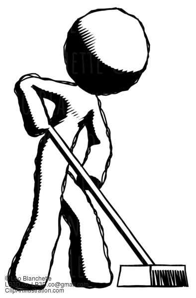 Ink Design Mascot Man Cleaning Services Janitor Sweeping Side View #8676