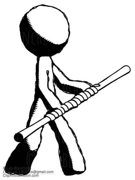 Ink Design Mascot Man Holding Bo Staff In Sideways Defense Pose #8707