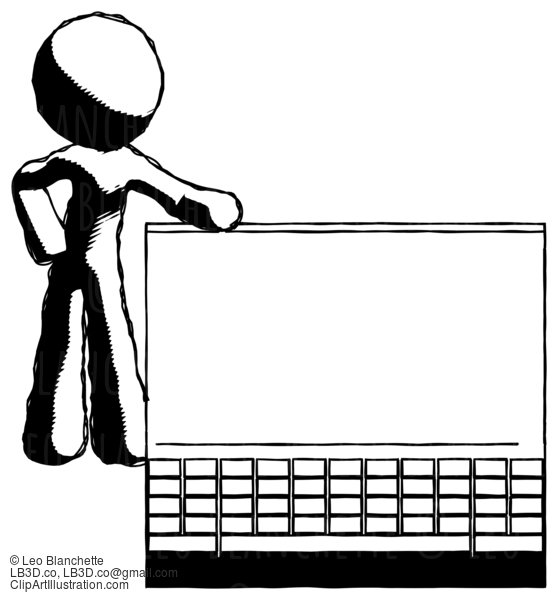 Ink Design Mascot Man Beside Large Laptop Computer, Leaning Against It #8719