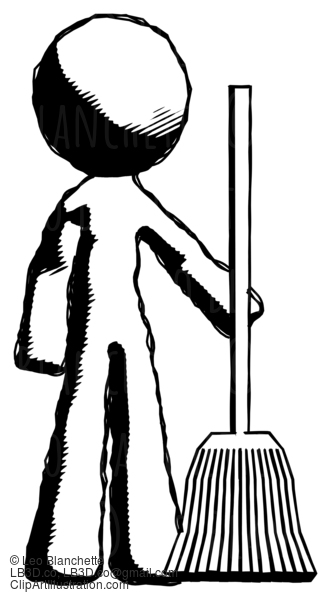 Ink Design Mascot Man Standing With Broom Cleaning Services #8720