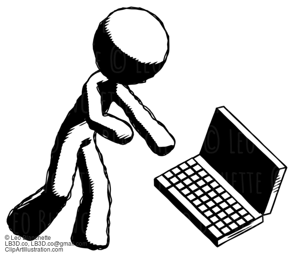 Ink Design Mascot Man Throwing Laptop Computer In Frustration #8725