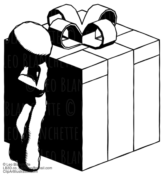 Ink Design Mascot Man Leaning On Gift With Red Bow Angle View #8730