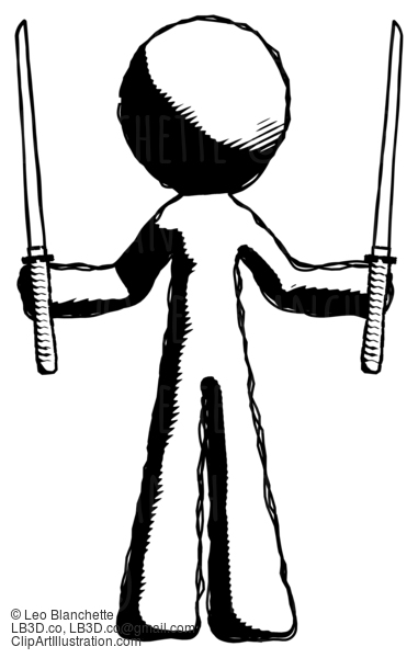 Ink Design Mascot Man Posing With Two Ninja Sword Katanas Up #8753