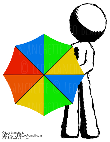 Ink Design Mascot Man Holding Rainbow Umbrella Out To Viewer #8772