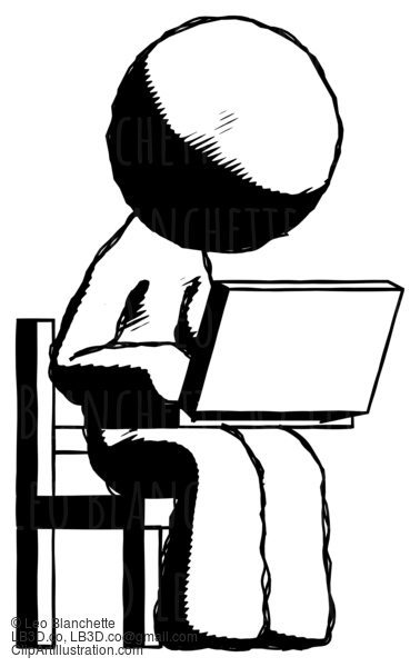 Ink Design Mascot Man Using Laptop Computer While Sitting In Chair Angled Right #8782