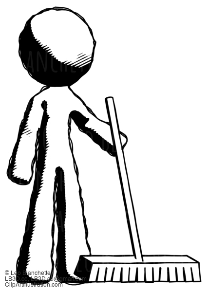 Ink Design Mascot Man Standing With Industrial Broom #8797