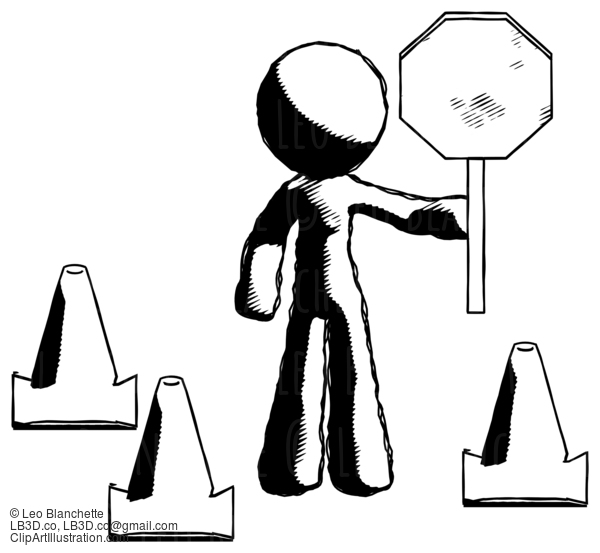 Ink Design Mascot Man Holding Stop Sign By Traffic Cones Under Construction Concept #8802