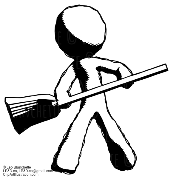 Ink Design Mascot Man Broom Fighter Defense Pose #8858