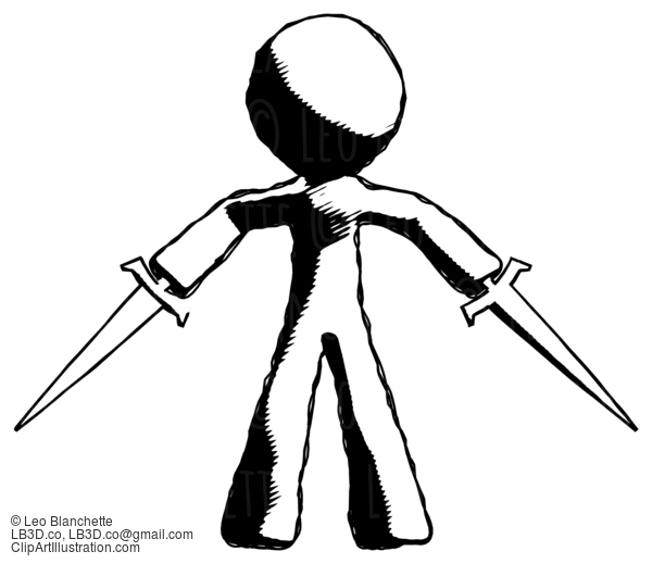 Ink Design Mascot Man Two Sword Defense Pose #8888