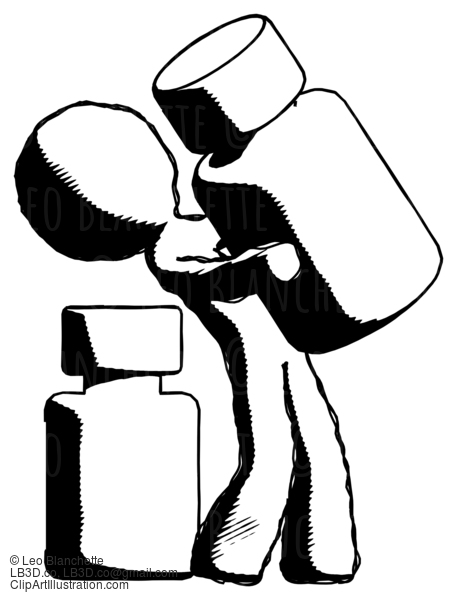 Ink Design Mascot Man Holding Large White Medicine Bottle With Bottle In Background #8897