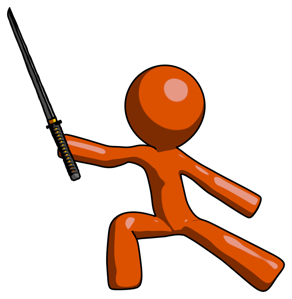 Orange Design Mascot Man with ninja sword katana in defense pose
