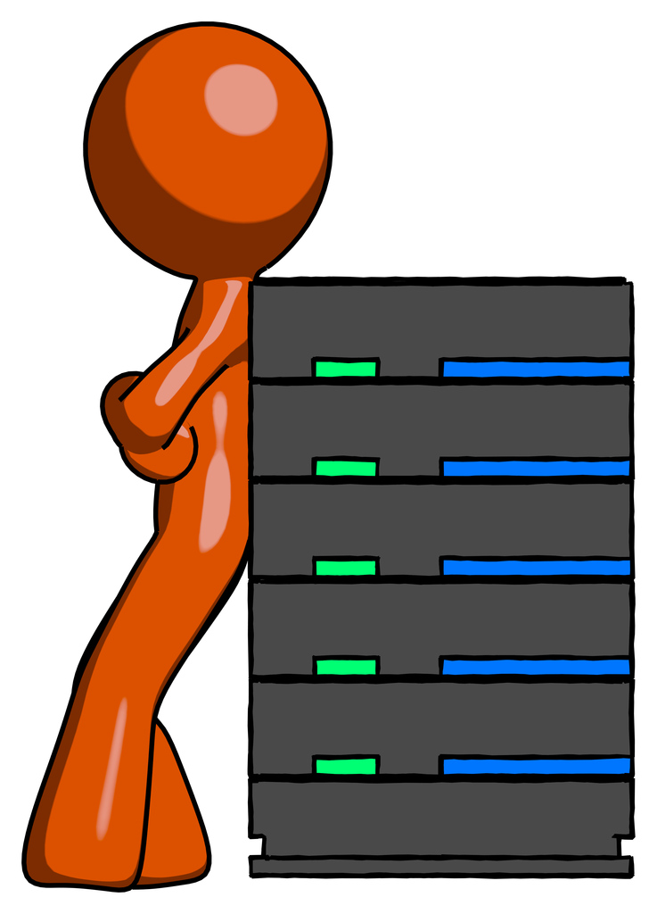 Orange Design Mascot Man Resting Against Server Rack