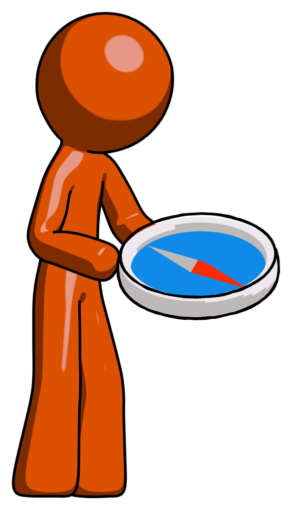 Orange Design Mascot Man looking at large compass facing right