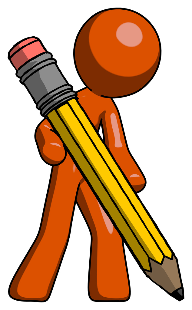 Orange Design Mascot Man writing with large pencil