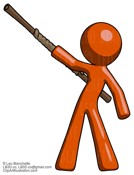 Orange Design Mascot Man Bo Staff Pointing Up Pose #9221