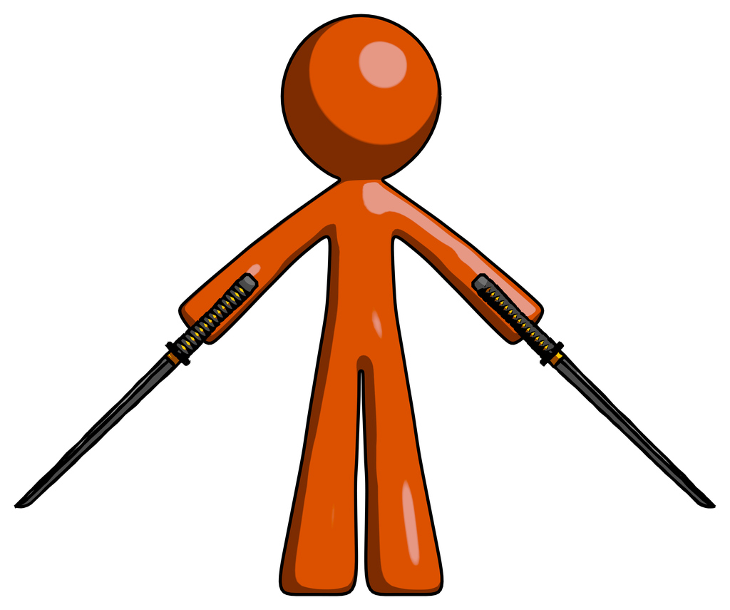 Orange Design Mascot Man posing with two ninja sword katanas