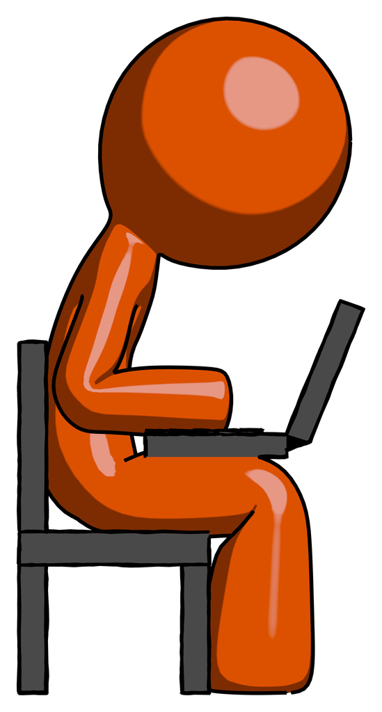 Orange Design Mascot Man using laptop computer while sitting in chair view from side