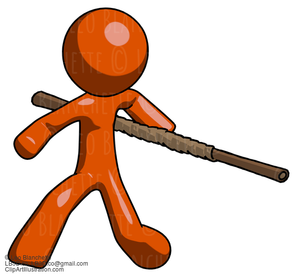 Orange Design Mascot Man Bo Staff Action Hero Kung Fu Pose #9228