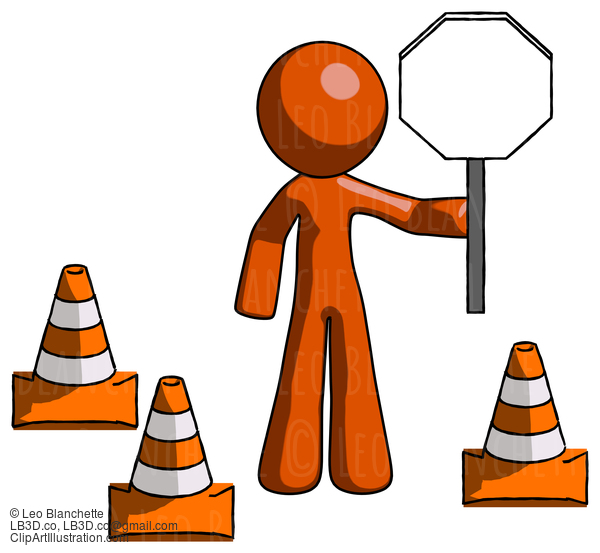 Orange Design Mascot Man Holding Stop Sign By Traffic Cones Under Construction Concept #9232