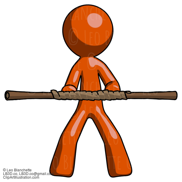 Orange Design Mascot Man Bo Staff Kung Fu Defense Pose #9234